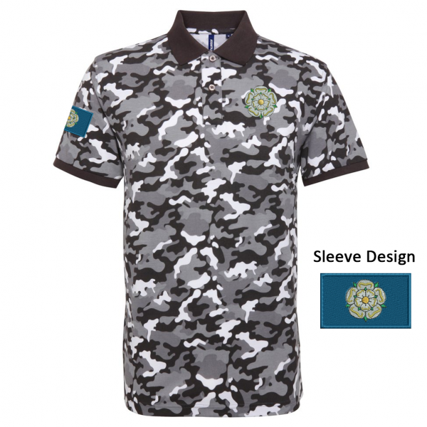 yorkshire rose and flag embroidered on grey camo polo shirt