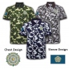 yorkshire rose and flag embroidered on green, blue and grey camo polo shirts
