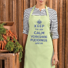 keep calm yorkshire pudding apron on a natural coloured apron worn by a lady