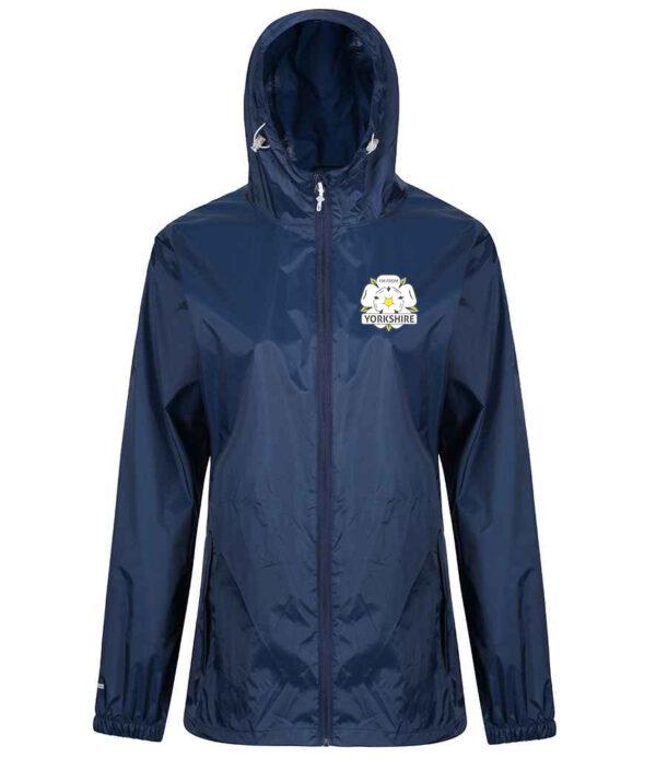 navy ladies waterproof with i'm from yorkshire logo on the left breast