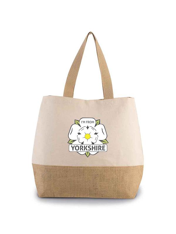 natural beach bag with the i'm from yorkshire logo on the front center