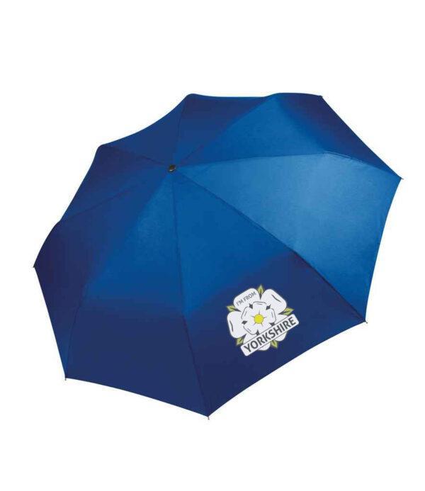 Royal blue umbrella with I'm From Yorkshire Logo printed on a panel